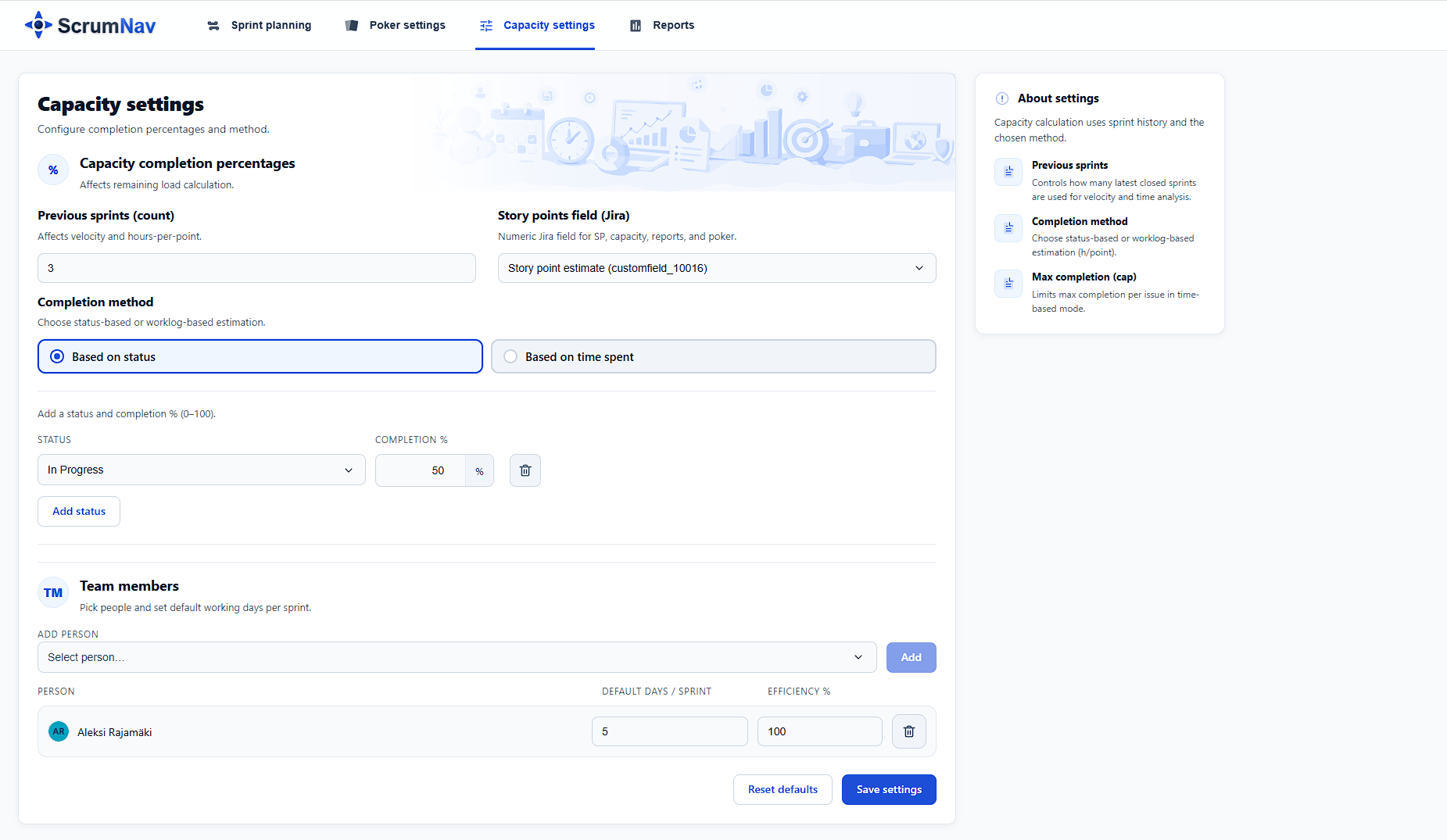 ScrumNav capacity settings with team members and completion model
