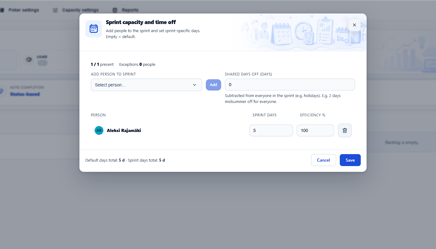 ScrumNav sprint capacity modal with shared holidays and sprint working days