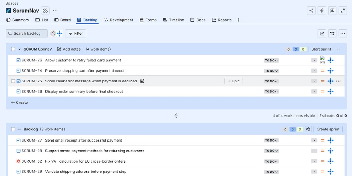 Jira Scrum backlog with SCRUM Sprint 7, Start sprint button, product backlog, and Create sprint