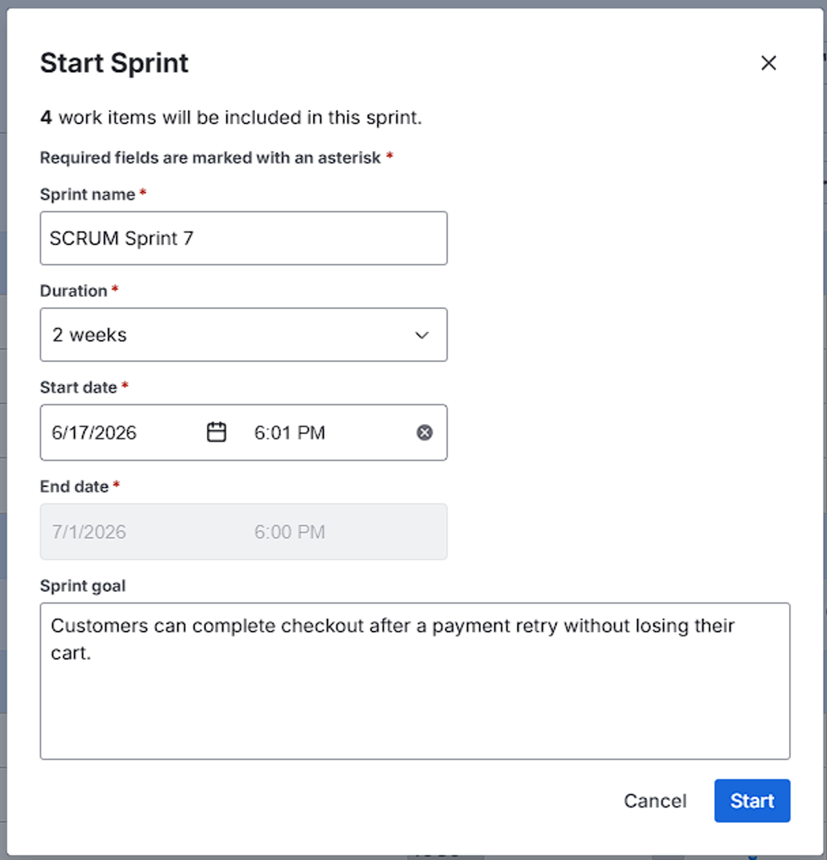 Jira Start sprint dialog with sprint name, two-week duration, dates, and checkout retry sprint goal