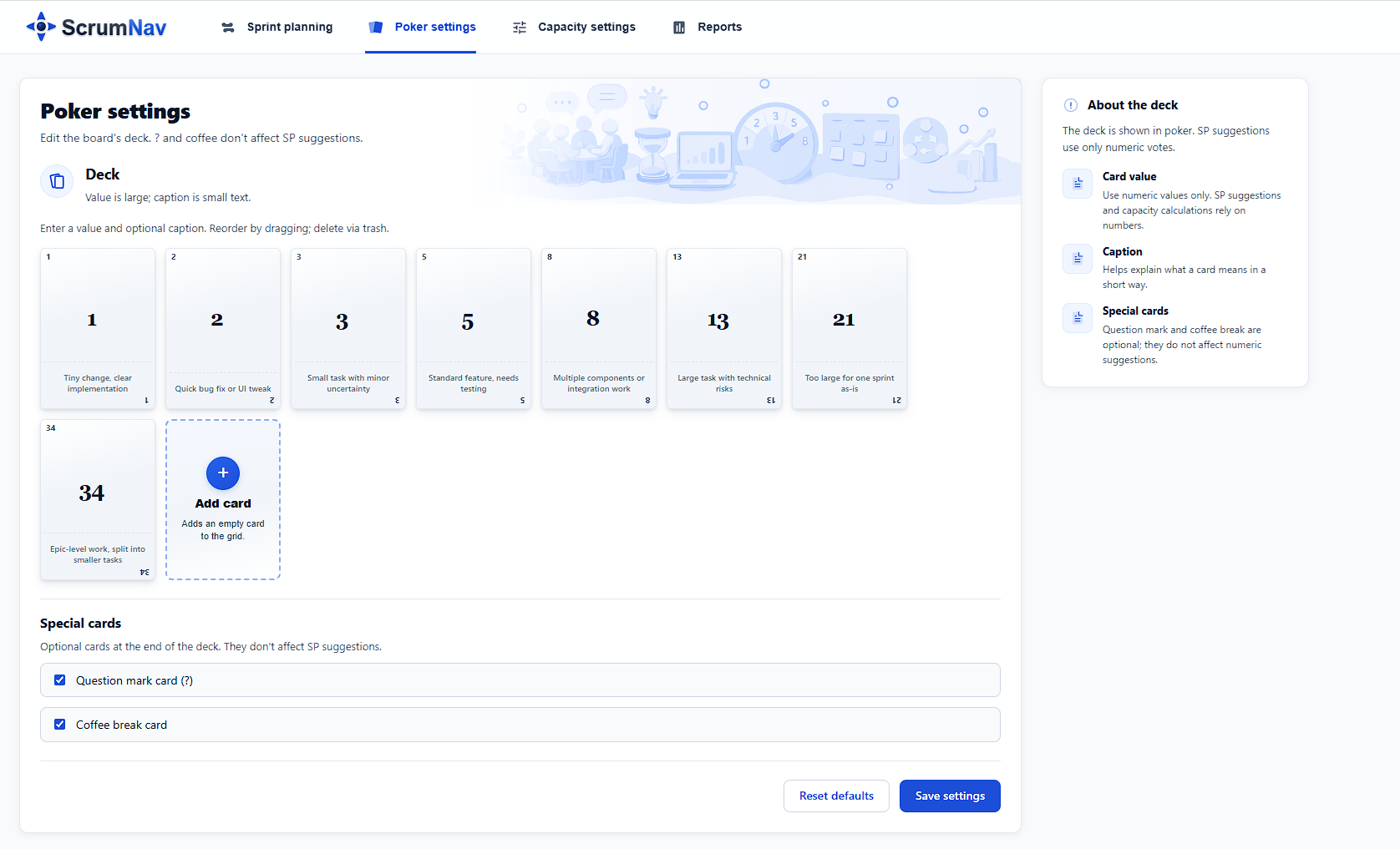 ScrumNav custom poker deck settings with card captions
